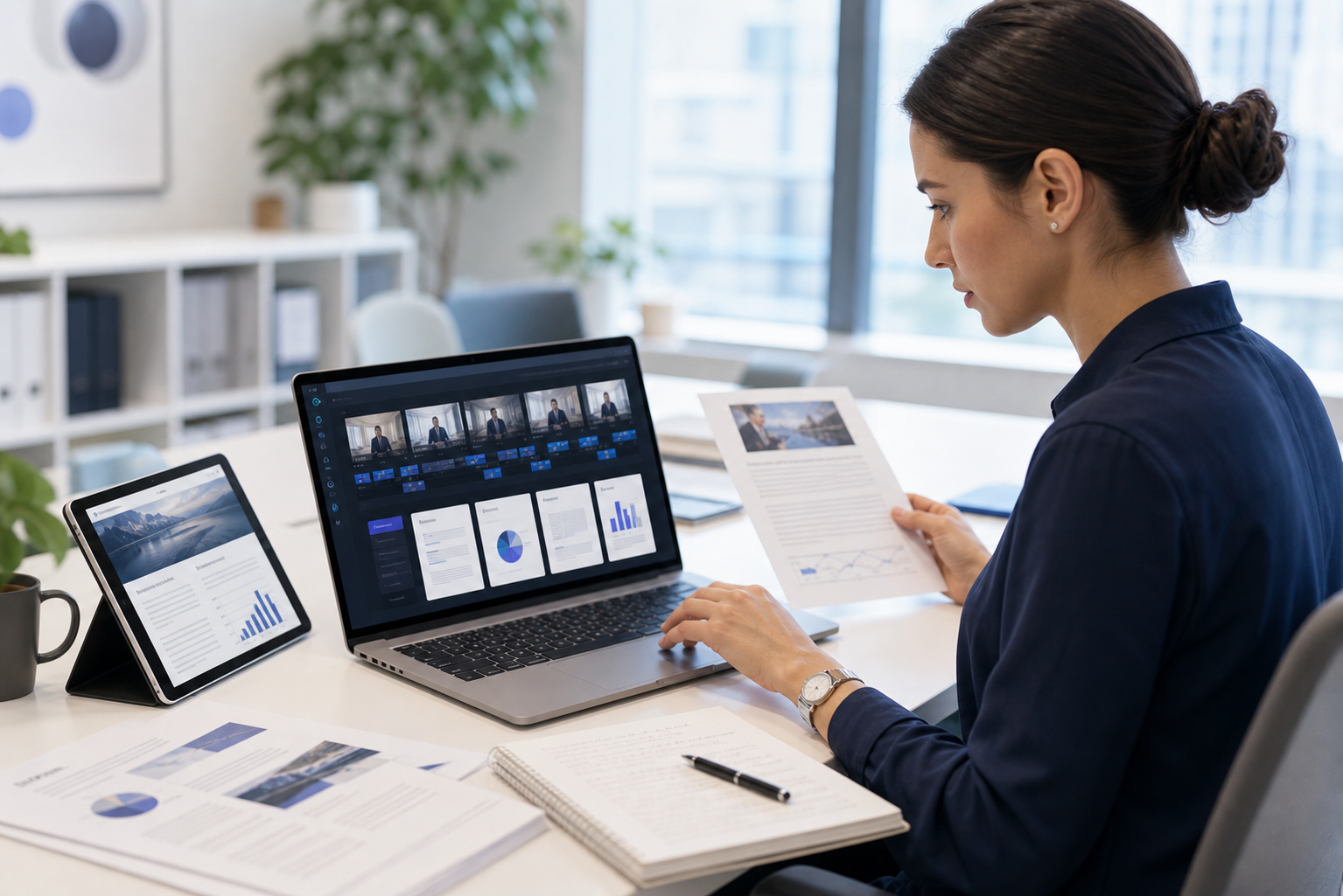 Desk with a laptop, documents and sources connected into an AI knowledge base