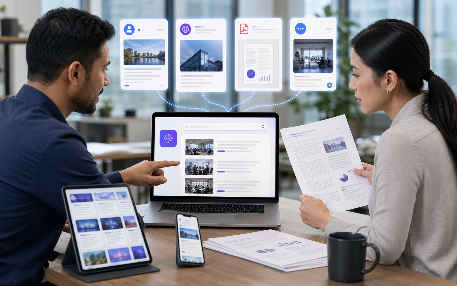 Professionals analyzing websites, PDF documents and online source materials