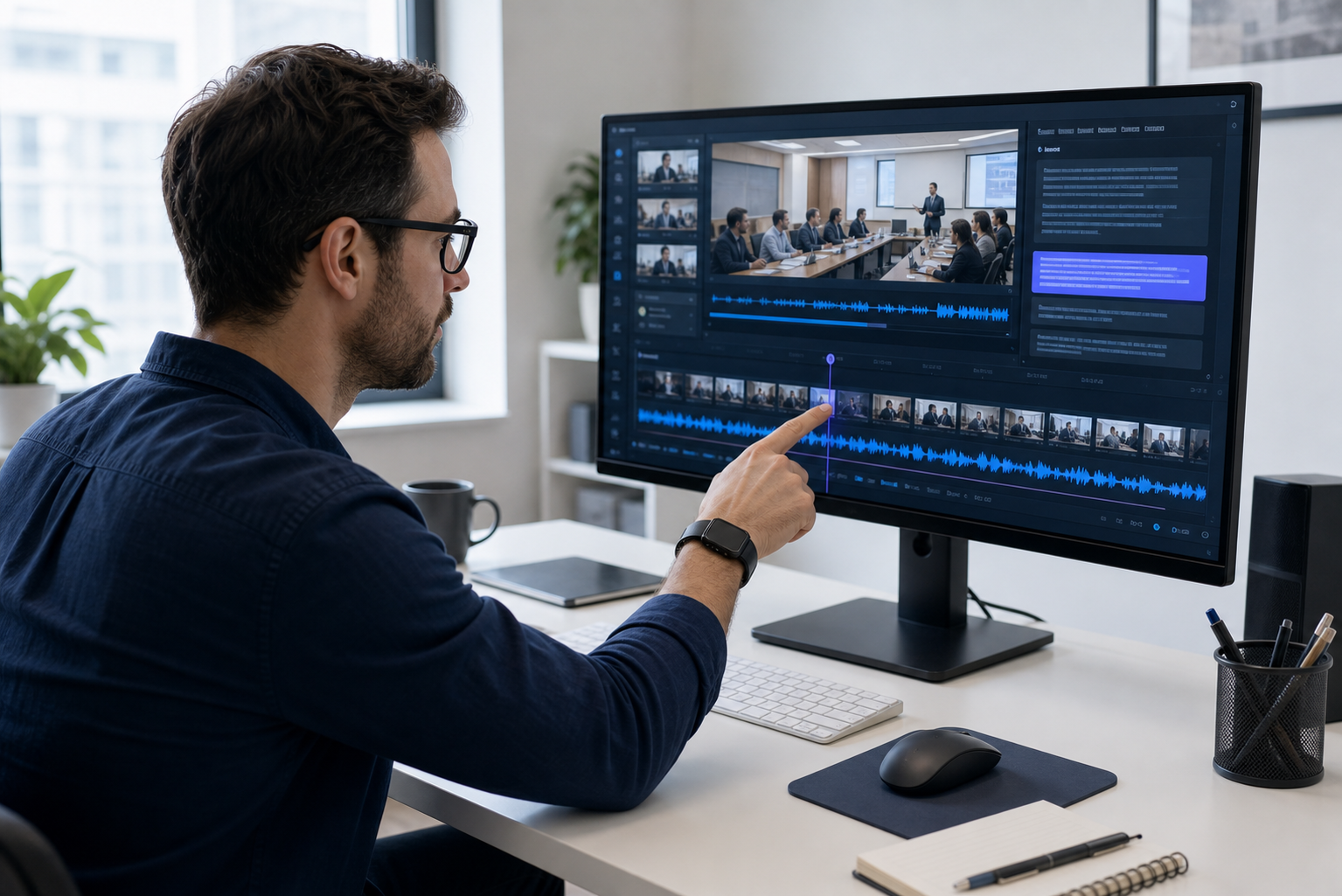 Recording analysis with a transcript and timeline on a monitor