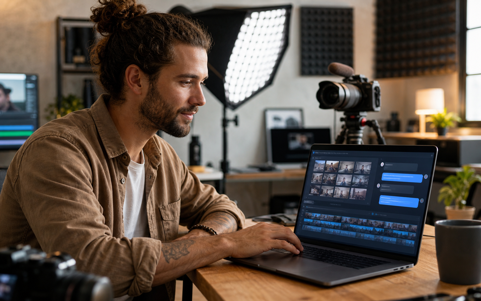 Twórca w studio analizujący własne nagrania na laptopie