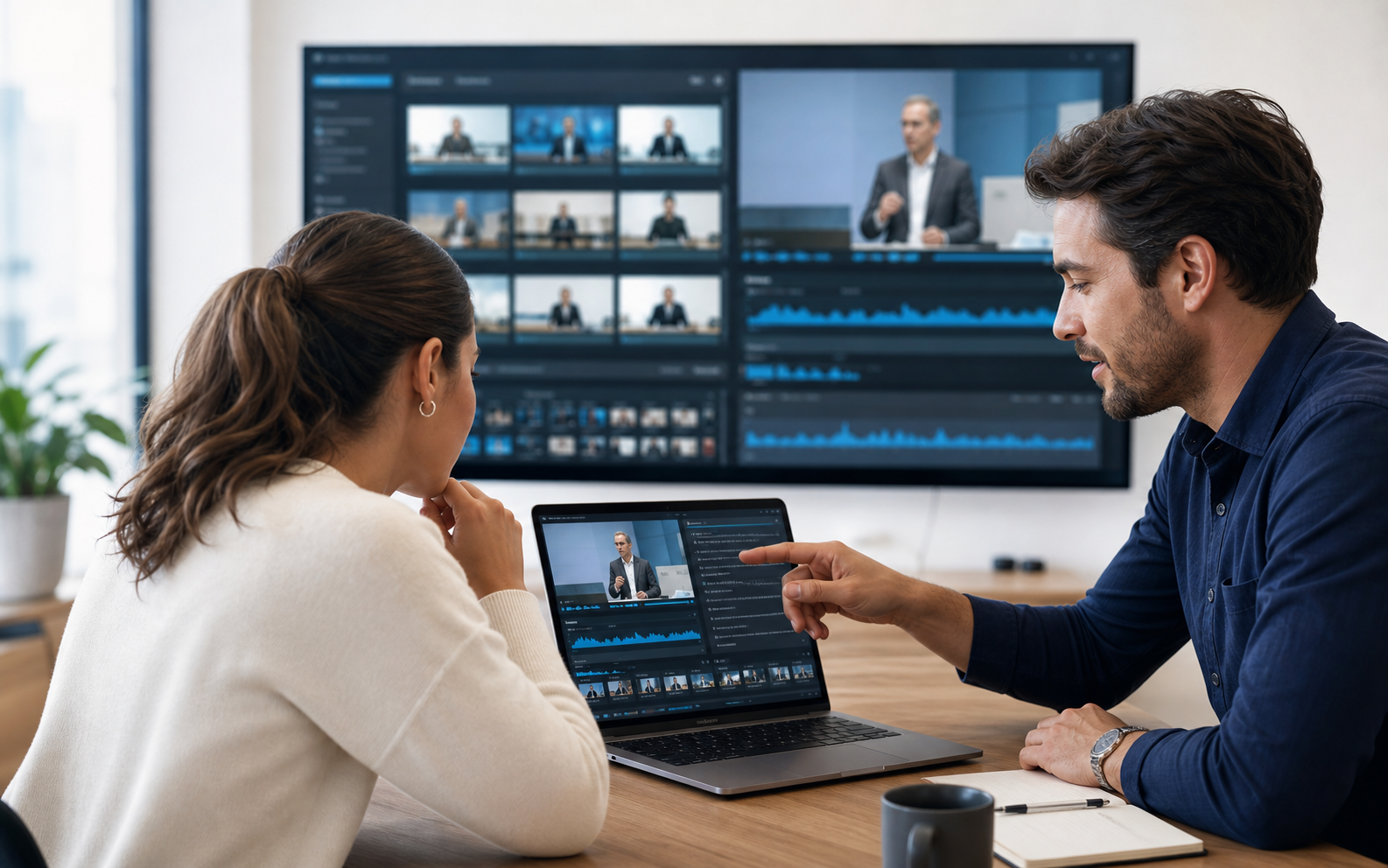 Trenerzy analizujący nagrania webinarów na laptopie